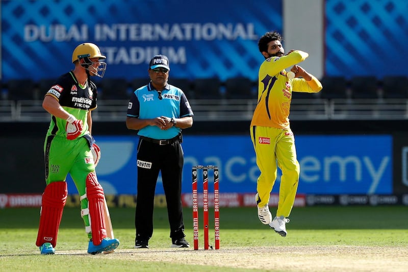 Ravindra Jadeja of Chennai Superkings  bowling during match 44 of season 13 of the Dream 11 Indian Premier League (IPL) between the Royal Challengers Bangalore and the Chennai Super Kings held at the Dubai International Cricket Stadium, Dubai in the United Arab Emirates on the 25th October 2020.  Photo by: Saikat Das  / Sportzpics for BCCI