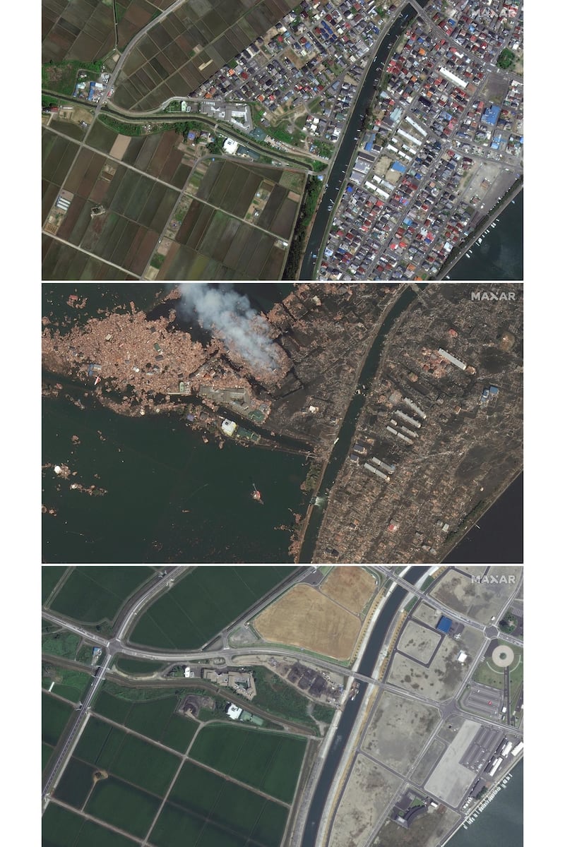 From top to bottom, an area east of Natori, Miyagi Prefecture, in 2010; flooded fields and destroyed homes after the 2011 tsunami struck; the area in August 2020. AP