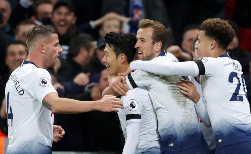Son Heung-min celebrates his goal with Tottenham teammates. Reuters