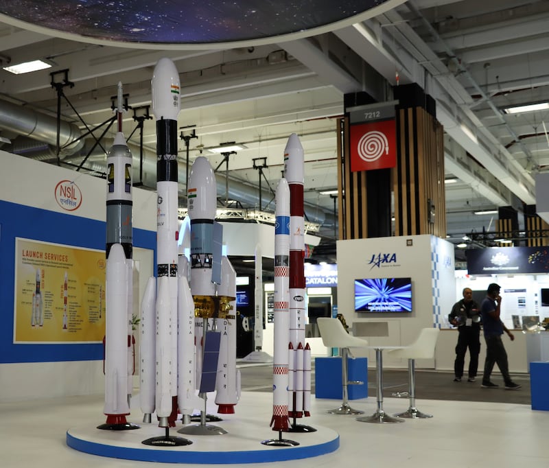 A rocket display at the stand of the Indian space agency, or ISRO, at the IAC 2022 in Paris.