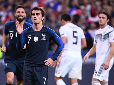 Antoine Griezmann celebrates after scoring the winning goal for France against Germany in the Uefa Nations League. AFP