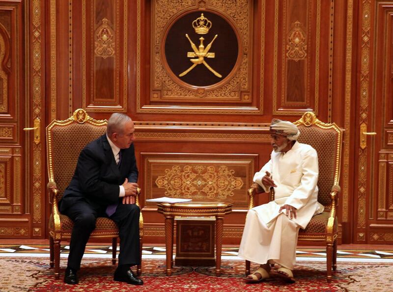 epa07121583 A handout photo made available by Israeli Prime Minister's office shows Sultan of Oman Qaboos bin Said Al Said (R) meeting with Israeli Prime Minister Benjamin Netanyahu (L), in Muscat, Oman, 26 October 2018. Reports state Netanyahu made an unannounced visit to Oman, an Arab country that has no diplomatic ties with Israel, where he had talks with Sultan Qaboos on the peace process in the Middle East as well as several matters of joint interest.  EPA/ISRAELI PRIME MINISTER OFFICE HANDOUT  HANDOUT EDITORIAL USE ONLY/NO SALES