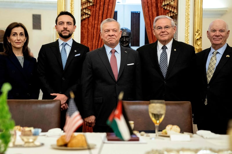 King Abdullah with US Senator Bob Menendez, second right, and Mr Cardin at the Capitol in Washington in May 2022. AFP