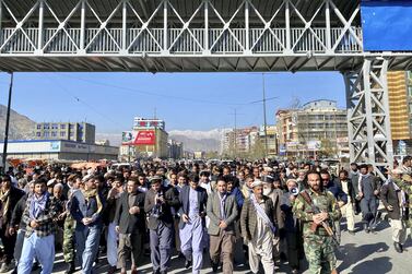 People march in Kabul on November 29, 2019 to protest against alleged fraud in Afghanistan's September 28 presidential election. Hikmat Noori for The National