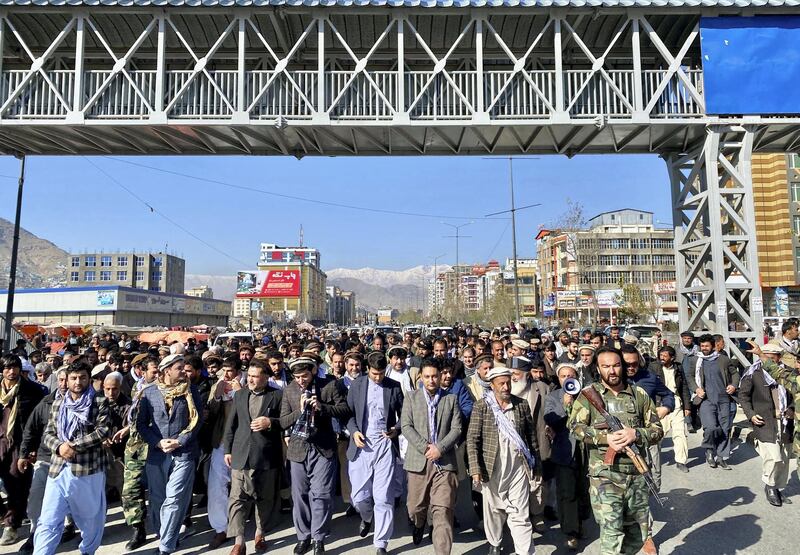 People march in Kabul on November 29, 2019 to protest against alleged fraud in Afghanistan's September 28 presidential election. Hikmat Noori for The National