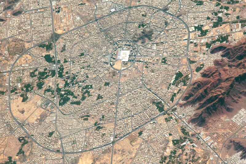 The Prophet's Mosque in Madinah, Saudi Arabia, as seen from space. Photo: Nasa