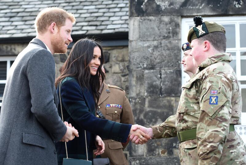 epa06634245 A handout photo made available by the British Ministry of Defence (MOD) on 28 March 2018 shows Cadet Colour Sergeant Kyle Laird meeting Britain's Prince Harry (L) and his fiancee Meghan Markle (2-L) as they visited Edinburgh Garrison HQ, at Edinburgh Castle, Scotland, Britain, 13 February 2018. More than 250 members of the Armed Forces will perform ceremonial duties at the wedding of Prince Harry and Meghan Markle on 19 May 2018, the British Ministry of Defence confirmed on 28 March 2018. Regiments and units that hold a special relationship with Prince Harry will provide ceremonial support at the wedding and during the carriage procession at the request of Kensington Palace.  EPA/MARK OWENS / BRITISH MINISTRY OF DEFENCE / HANDOUT MANDATORY CREDIT: CROWN COPYRIGHT HANDOUT EDITORIAL USE ONLY/NO SALES