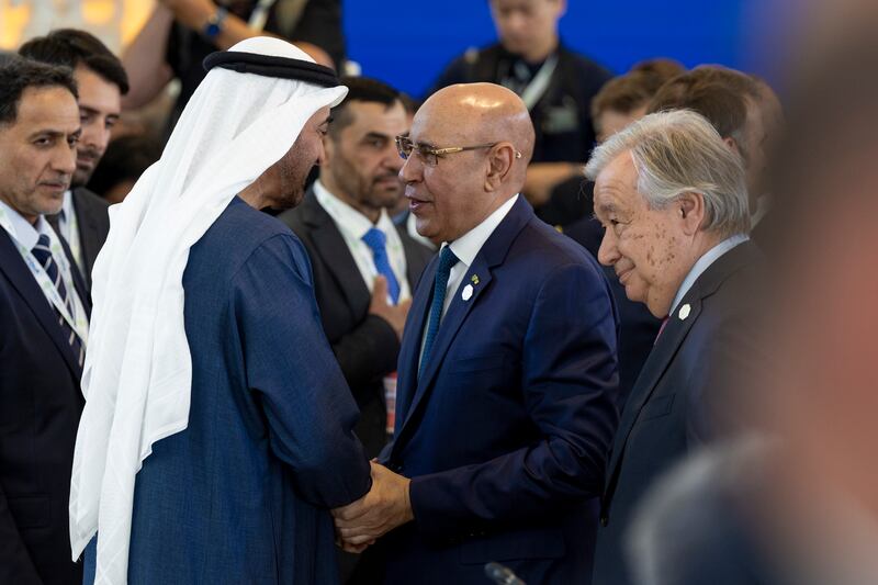 Sheikh Mohamed greets President Mohamed Ould Ghazouani of Mauritania. Photo: Ryan Carter / UAE Presidential Court  