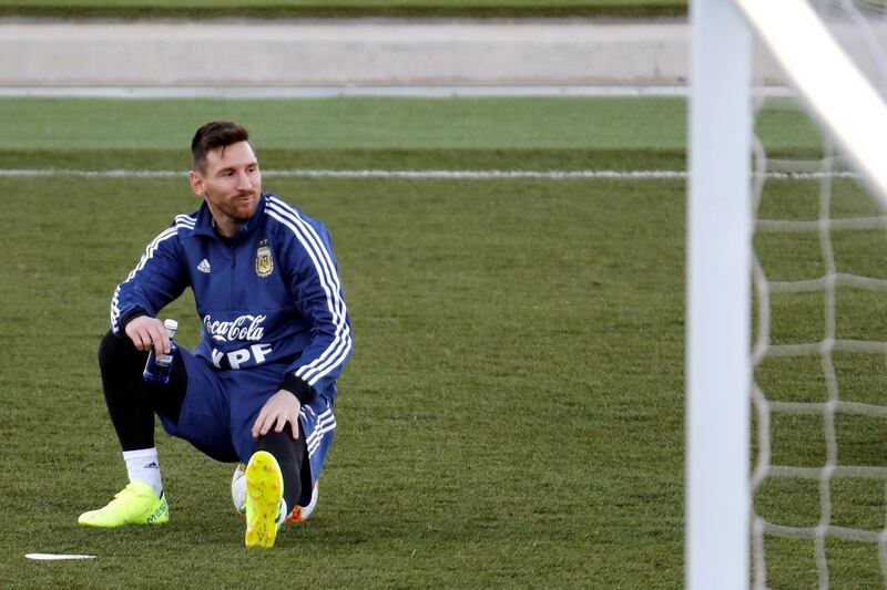 Argentina's Lionel Messim centre, attends a training session of the team at Valdebebas sports complex in Madrid. EPA