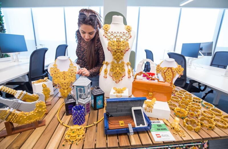 DUBAI, UNITED ARAB EMIRATES - Different jewelries made of Lego at the opening of the new Lego office in Dubai Design District.  Leslie Pableo for The National