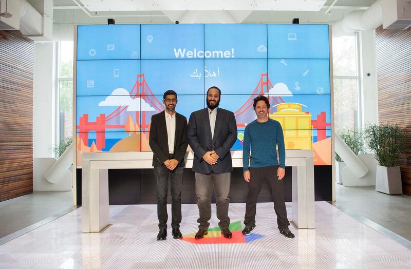 Saudi Arabia's Crown Prince Mohammed Bin Salman poses for camera during his visit to Google company in Silicon Valley, U.S., April 6, 2018. Bandar Algaloud/Courtesy of Saudi Royal Court/Handout via REUTERS   THIS IMAGE HAS BEEN SUPPLIED BY A THIRD PARTY.