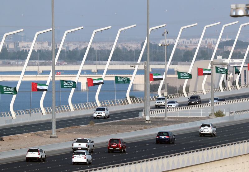 ABU DHBAI - UNITED ARAB EMIRATES - 23 Sept 2017 - Saudi Arabia and UAE flags along the Shaikh Zayed Bridge in Abu Dhabi. Ravindranath K / The National (Standalone pix) 