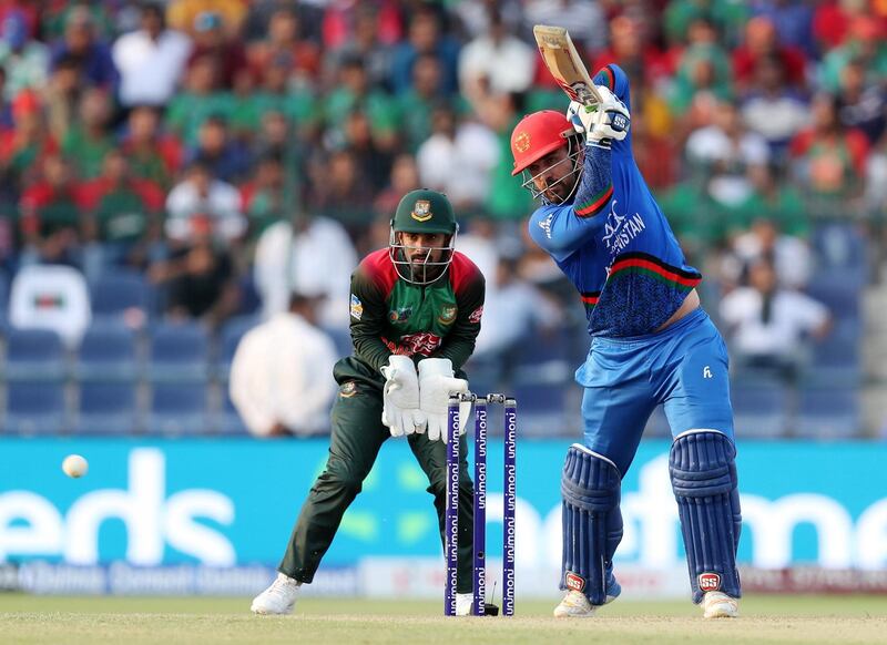 Abu Dhabi, United Arab Emirates - September 20, 2018: Afghanistan's Samiullah Shenwari bats during the game between Bangladesh and Afghanistan in the Asia cup. Th, September 20th, 2018 at Zayed Cricket Stadium, Abu Dhabi. Chris Whiteoak / The National