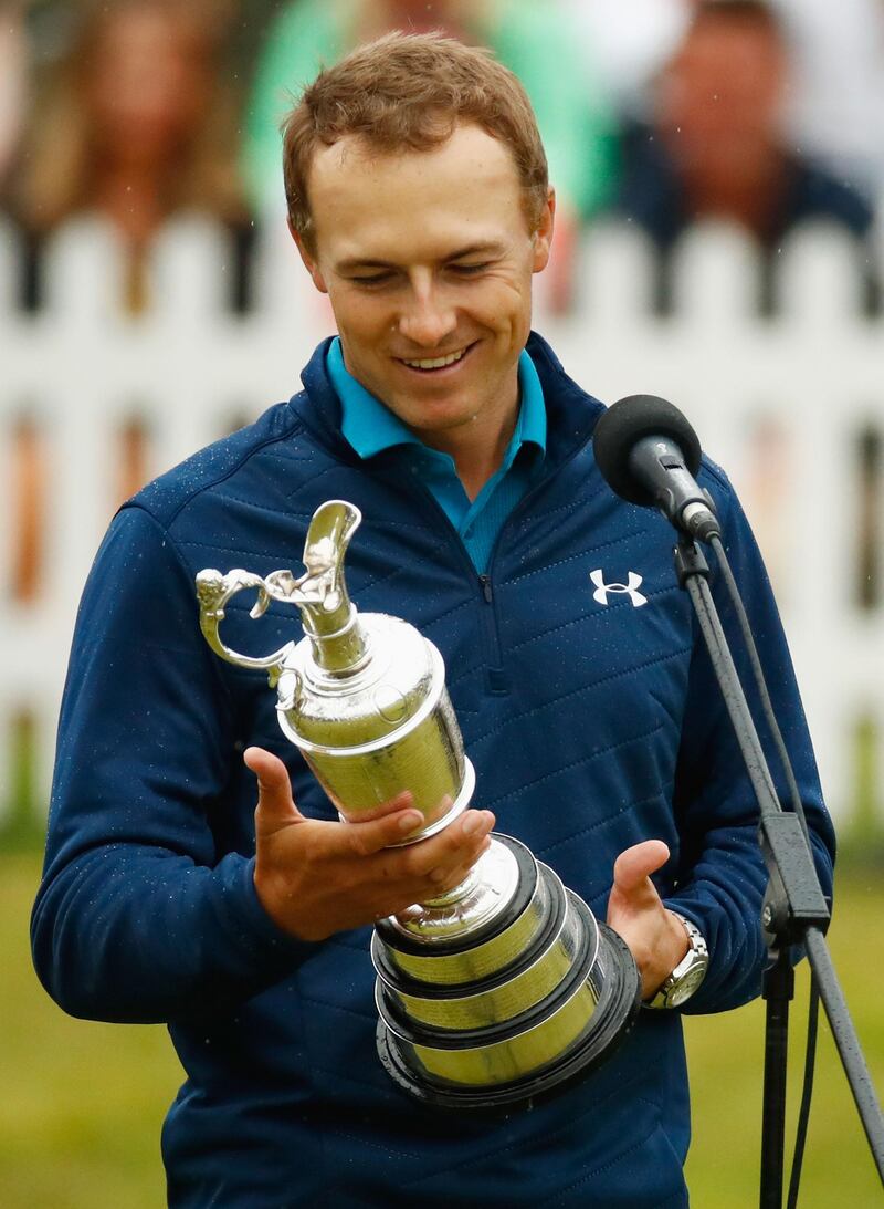 Jordan Spieth of the United States makes his victory speech with the Claret Jug on the 18th green during the final round of the 146th Open Championship at Royal Birkdale on July 23, 2017 in Southport, England. Gregory Shamus / Getty Images