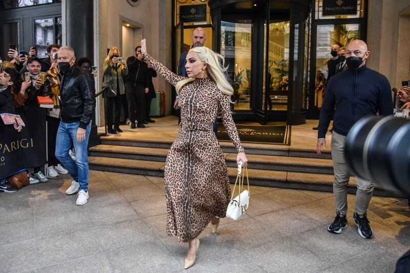 Lady Gaga leaves the Hotel Palazzo Parigi in Milan. Parts of the new movie 'House of Gucci', in which Lady Gaga plays the role of Maurizio Gucci's ex-wife Patrizia Reggiani, were filmed in Milan. EPA 