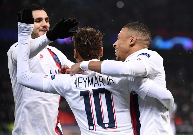 From left: Mauro Icardi, Neymar and Kylian Mbappe celebrate Paris Saint-Germain's Champions League victory over Galatasaray. AFP