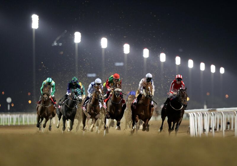 Dubai, United Arab Emirates - Reporter: Amith Passela. Sport. Horse Racing. Salute The Soldier ridden by Adrie de Vries (red and white stripes) wins the Al Maktoum Challenge R3 on Super Saturday at Meydan. Dubai. Saturday, March 6th, 2021. Chris Whiteoak / The National