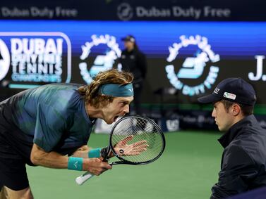 DUBAI, UNITED ARAB EMIRATES - MARCH 01: Andrey Rublev shouts at line judge while playing against Alexander Bublik of Kazakhstan in their semifinal match during the Dubai Duty Free Tennis Championships at Dubai Duty Free Tennis Stadium on March 01, 2024 in Dubai, United Arab Emirates. (Photo by Christopher Pike / Getty Images)
