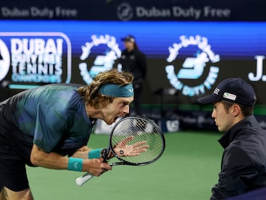 DUBAI, UNITED ARAB EMIRATES - MARCH 01: Andrey Rublev shouts at line judge while playing against Alexander Bublik of Kazakhstan in their semifinal match during the Dubai Duty Free Tennis Championships at Dubai Duty Free Tennis Stadium on March 01, 2024 in Dubai, United Arab Emirates. (Photo by Christopher Pike / Getty Images)