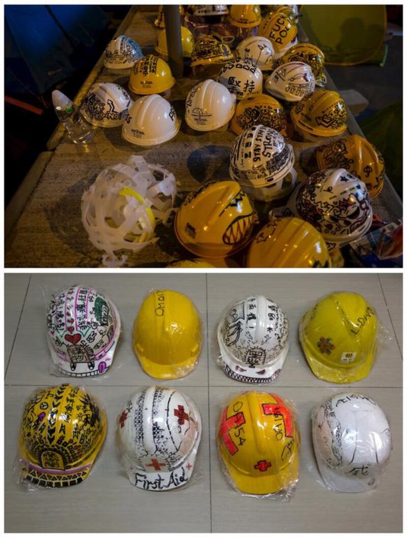 Top, helmets prepared by Occupy Central protesters outside the government headquarters in Hong Kong on October 20, 2014. Bottom, helmets collected from the protest sites on September 23, 2015. Reuters