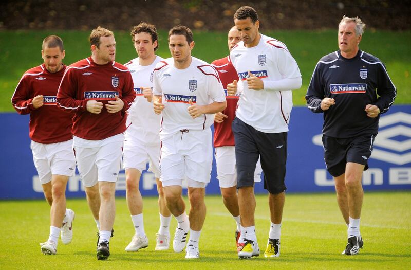 In this May 24, 2008 file photo England players during training , Rio Ferdinand , Wayne Rooney and Frank Lampard and coach Ray Clemence. Reuters