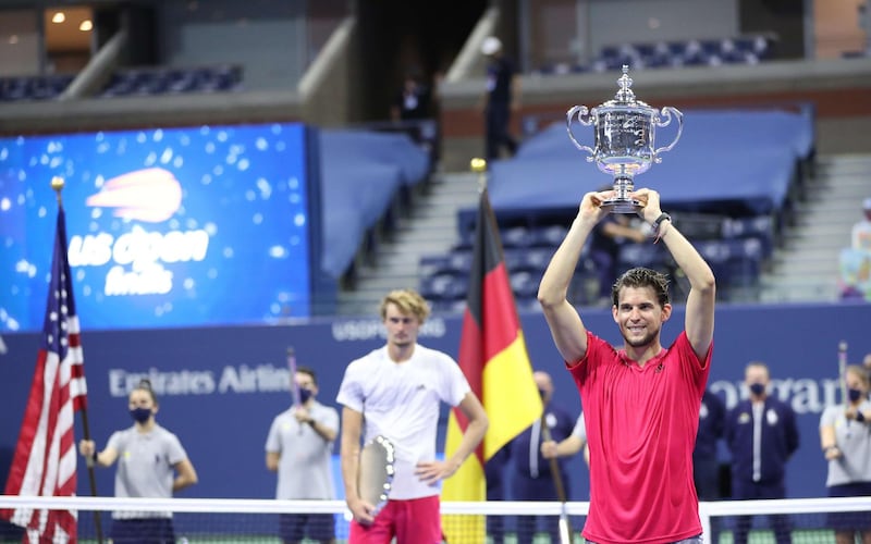 Dominic Thiem celebrates his victory in New York.