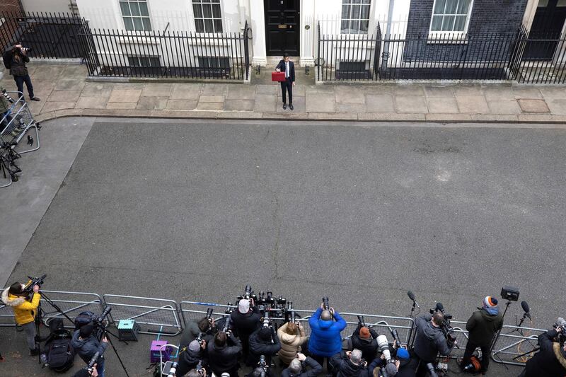 03/03/2021. London, United Kingdom. Chancellor of the Exchequer Rishi Sunak leaves Downing Street to deliver his annual budget in parliament . 11 Downing Street. Picture by Simon Dawson / No 10 Downing Street