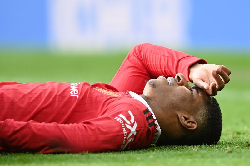 United's Marcus Rashford goes down with an injury. Getty