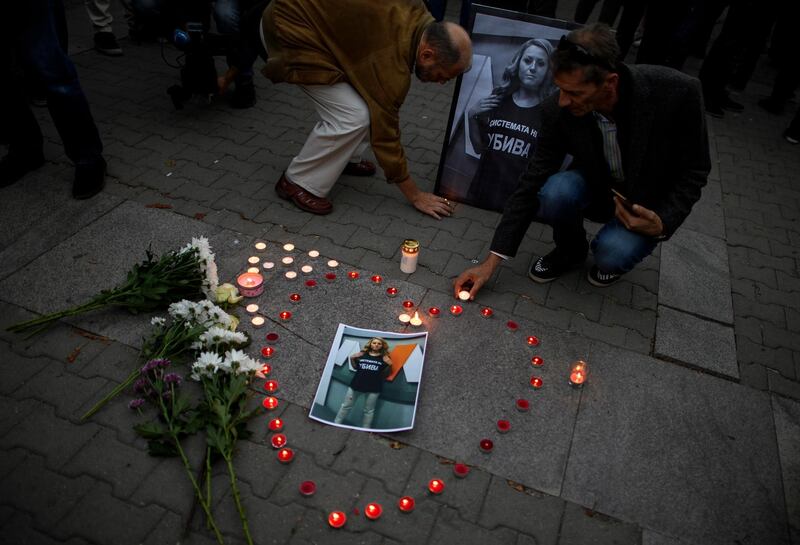 epa07082448 People attend a vigil as a protest against the rape murder of journalist Viktoria Marinova in Sofia, Bulgaria 08 October 2018, (issued 10 October 2018). Reports state that late 09 October 2018 in the city of Stade, Germany, a Bulgarian citizen Severin Krasimirov, born in 1997 was arrested in connection with the murder of journalist Victoria Marinova, Bulgarian authorities said.  EPA/VASSIL DONEV