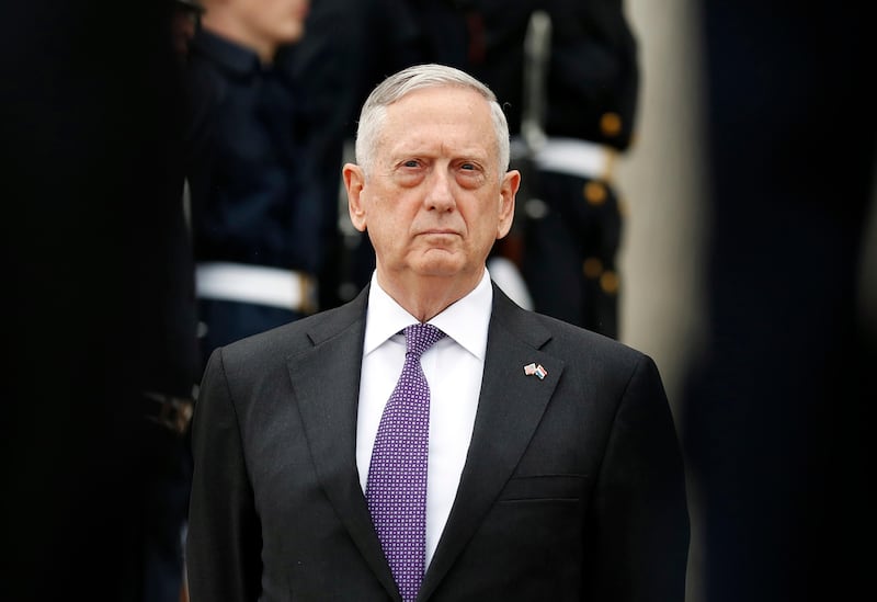 FILE - In this Aug. 15, 2017, file photo, Defense Secretary Jim Mattis stands at the Pentagon in Washington. The U.S. has seen no need to shoot down North Korean missiles test-fired in Japan��������s direction, but a future missile launch that threatens U.S. or Japanese territory will �������elicit a different response from us,������� Mattis said Monday, Sept. 18. (AP Photo/Alex Brandon, File)