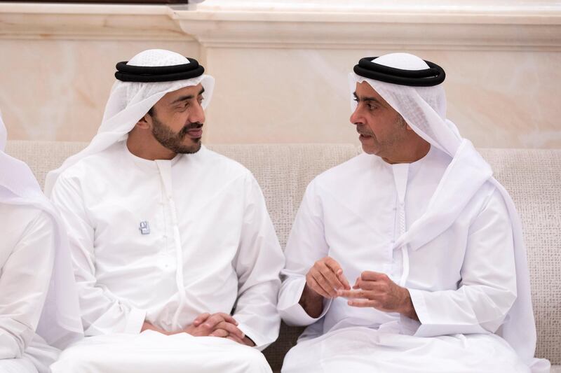 ABU DHABI, UNITED ARAB EMIRATES - May 28, 2019: HH Sheikh Abdullah bin Zayed Al Nahyan, UAE Minister of Foreign Affairs and International Cooperation (L) and HH Lt General Sheikh Saif bin Zayed Al Nahyan, UAE Deputy Prime Minister and Minister of Interior (R), attend an iftar reception at Al Bateen Palace.

( Hamad Al Mansouri for the Ministry of Presidential Affairs )
---