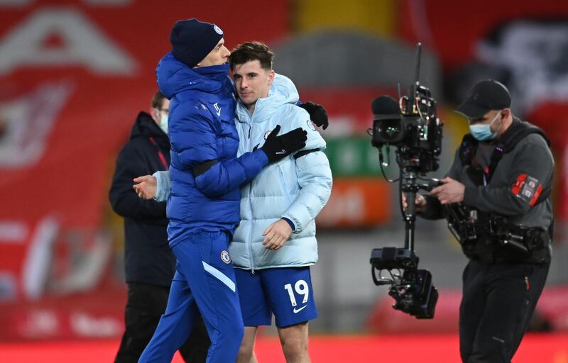 Chelsea's head coach Thomas Tuchel, left, celebrates with his Mason Mount after defeating Liverpool. AP