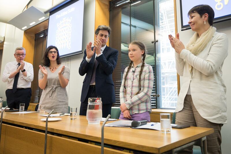 Greta Thunberg receives applause after addressing politicians in the Houses of Parliament in London, in April 2019.