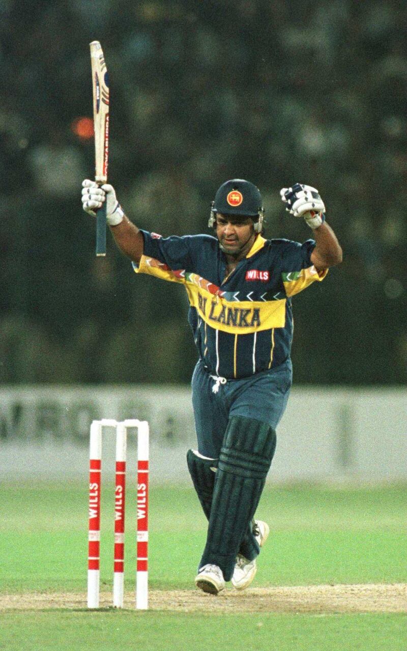 17 March 1996:  Sri Lanka captain Arjuna Ranatunga celebrates victory in the Cricket World Cup Final between Australia and Sri Lanka played at the Gaddafi stadium in Lahore. Mandatory Credit: Ross Kinnaird/ALLSPORT