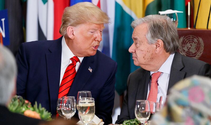 US President Donald Trump and United Nations Secretary-General Antonio Guterres talk at the start of an annual luncheon for heads of state on the sidelines the general debate of the 74th session of the General Assembly of the United Nations.  EPA