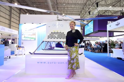 Ksenia Neuwirth, managing director of Aura UAV, in front of the Aura 100 at the Dubai Airshow. Chris Whiteoak / The National