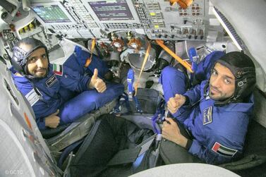 Hazza Al Mansoori (left) and Sultan Al Neyadi undergo training for their mission to space. Courtesy: Mohammed bin Rashid Space Centre