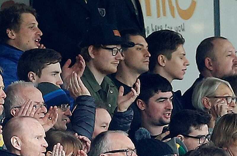 Ed Sheeran in the stands during the match between Norwich City and Ipswich Town. Reuters