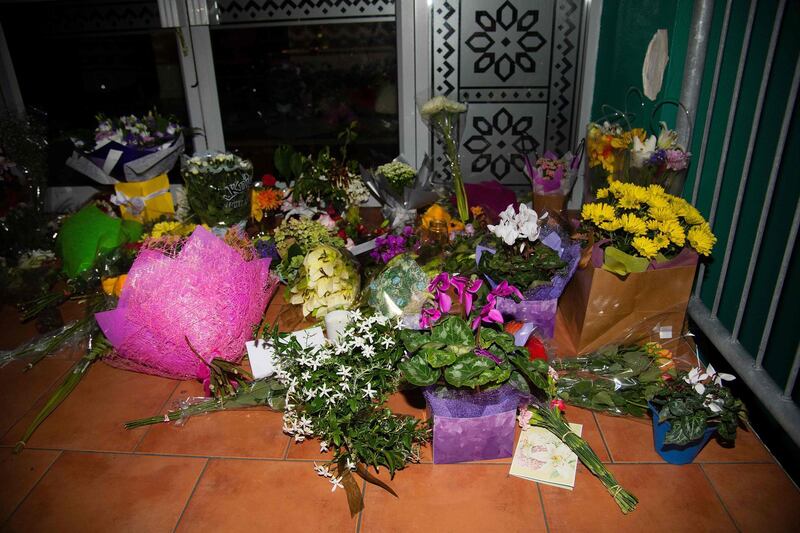 Flowers are placed on the front steps of the Wellington Masjid mosque in Kilbirnie.