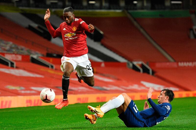 Manchester United's Aaron Wan-Bissaka against Chelsea's Ben Chilwell at Old Trafford on Saturday. EPA