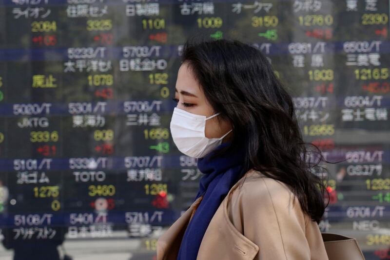 A woman walks by an electronic stock board of a securities firm in Tokyo, Wednesday, March 18, 2020. Major Asian stock markets are higher after Wall Street rallied on President Donald Trump's promise to prop up the economy through the coronavirus outbreak. (AP Photo/Koji Sasahara)
