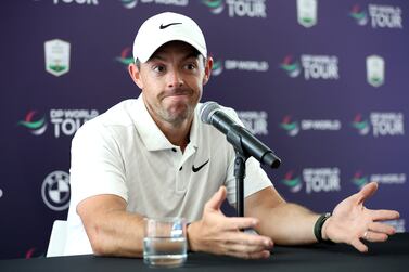 DUBAI, UNITED ARAB EMIRATES - NOVEMBER 15:  Rory McIlroy of Northern Ireland attends the press conference during the DP World Tour Championship - Rolex Pro-AM prior to the DP World Tour Championship on the Earth Course at Jumeirah Golf Estates on November 15, 2022 in Dubai, United Arab Emirates. (Photo by Luke Walker / Getty Images)