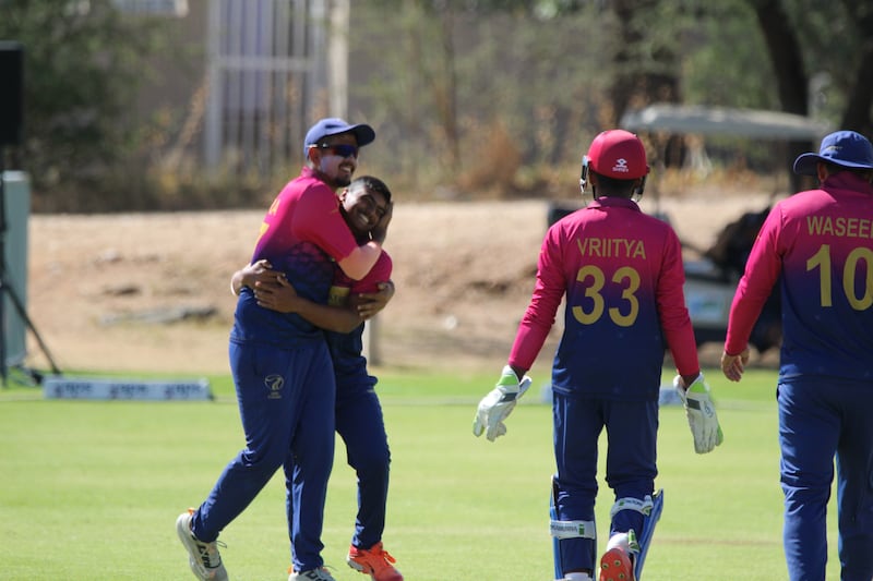 Aayan Khan celebrates a wicket. He finished with 2 for 23 runs. 