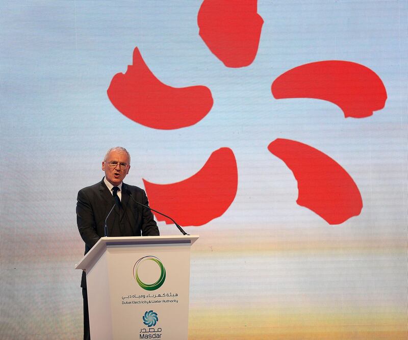 Dubai, April 30, 2018: Jean-Bernard Levy, Chairman and Chief Executive Officer of EDF gestures during the Opening of 200MW 1st stage of 3rd phase of Mohammed bin Rashid Al Maktoum Solar Park in Dubai. Satish Kumar for the National / Story by Jennifer Ghana