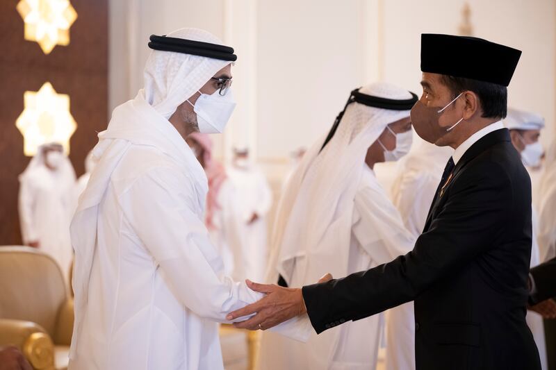 President Joko Widodo of Indonesia offers condolences to Sheikh Khaled bin Mohamed, Chairman of Abu Dhabi Executive Office. Abdulla Al Neyadi for the Ministry of Presidential Affairs 