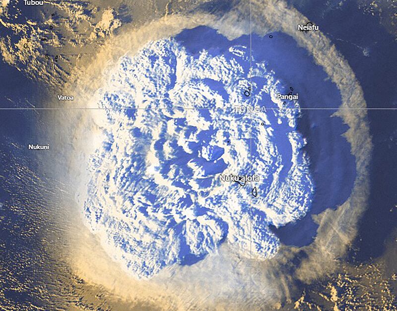 This satellite image released by the Tonga Meteorological Services shows the Hunga Tonga-Hunga Ha'apai volcano the moment it erupted in the South Pacific Kingdom of Tonga on January 15. EPA