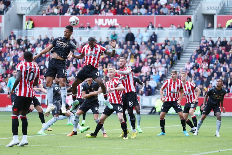 William Saliba scores Arsenal's first goal against Brentford. Getty 