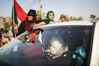 KHARTOUM, SUDAN - APRIL 27: Women protestors arrive in the main gathering point to protest against the military junta on April 27, 2019 in Khartoum, Sudan. After months of protesting from the people of Sudan, organised by the Sudanese Professionals' Association (SPA), President Omar al-Bashir was ousted having been in power since 1989. The following day they also forced his successor, Awad Ibn Auf, to step down. The SPA and the people have organised a sit in at the Ministry of Defence calling for the "third fall" of the Transitional Military Council who are currently in charge. (Photo by Fredrik Lerneryd/Getty Images)