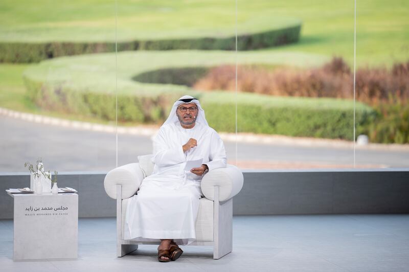 Dr Anwar Gargash, diplomatic adviser to UAE President Sheikh Khalifa, delivers a lecture at Majlis Mohamed bin Zayed. Mohamed Al Hammadi / Ministry of Presidential Affairs