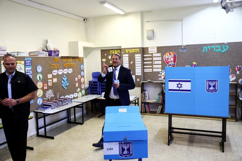 Far-right politician Itamar Ben-Gvir at the ballot box on general election day in Kiryat Arba, a Jewish settlement in Hebron in the Israeli-occupied West Bank. Reuters